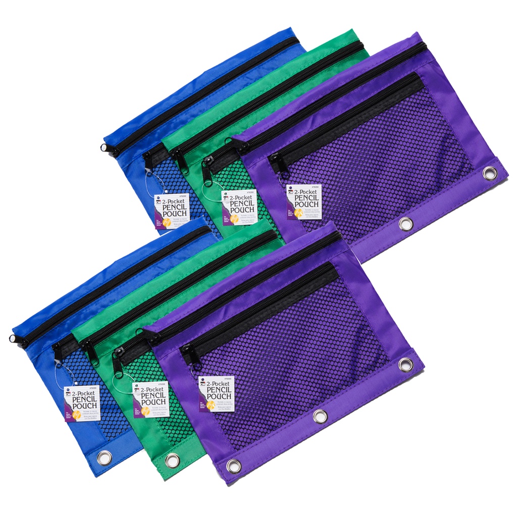 Assorted 2 Pocket with Mesh Front Pencil Pouch Pack of 6