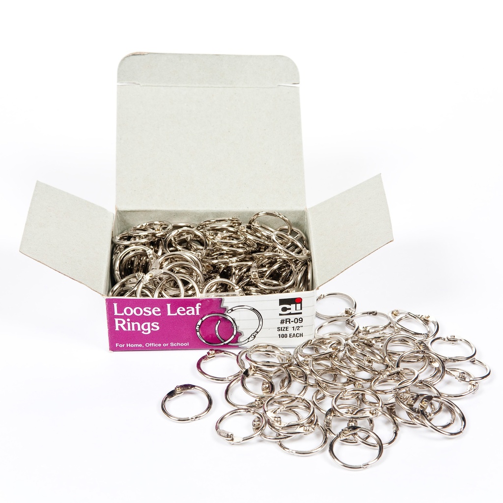 1/2 Inch Nickel Plated Loose Leaf Rings with Snap Closure 100/Box