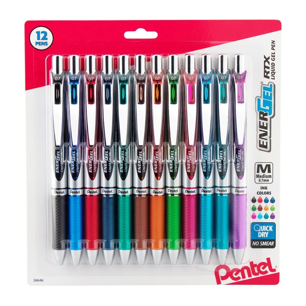 Assorted EnerGel RTX Retractable Medium Liquid Gel Pen 12-Pack