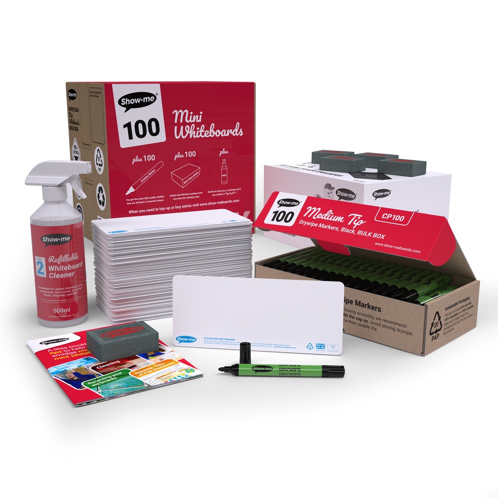 Show-me Bulk Box of 100 x Plain Dry Erase flashcards, with pens & erasers plus a Free Cleaner 