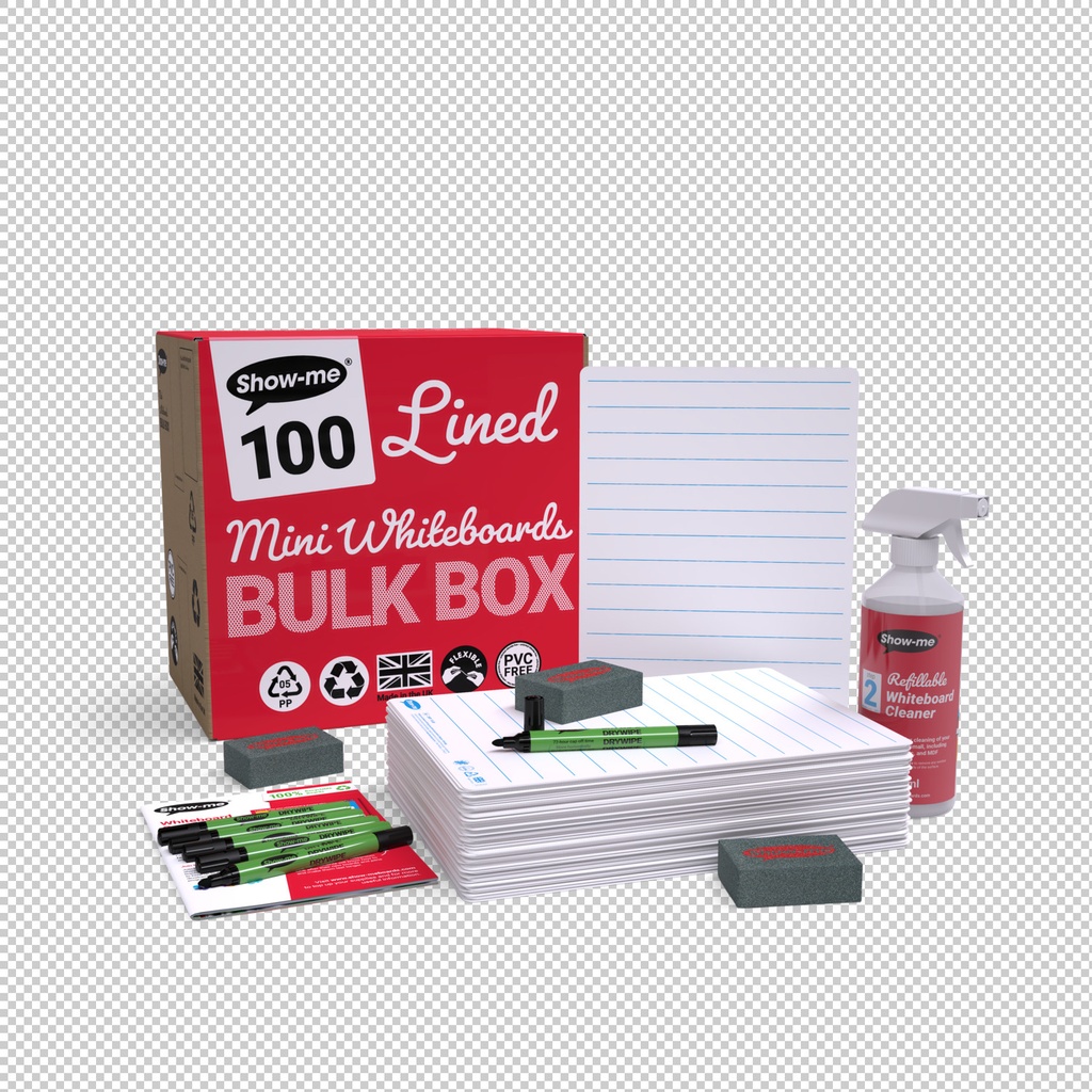 Show-me Bulk Box of 100 x A4 Lined/Plain Dry Erase Boards, pens and erasers plus a Free Cleaner 