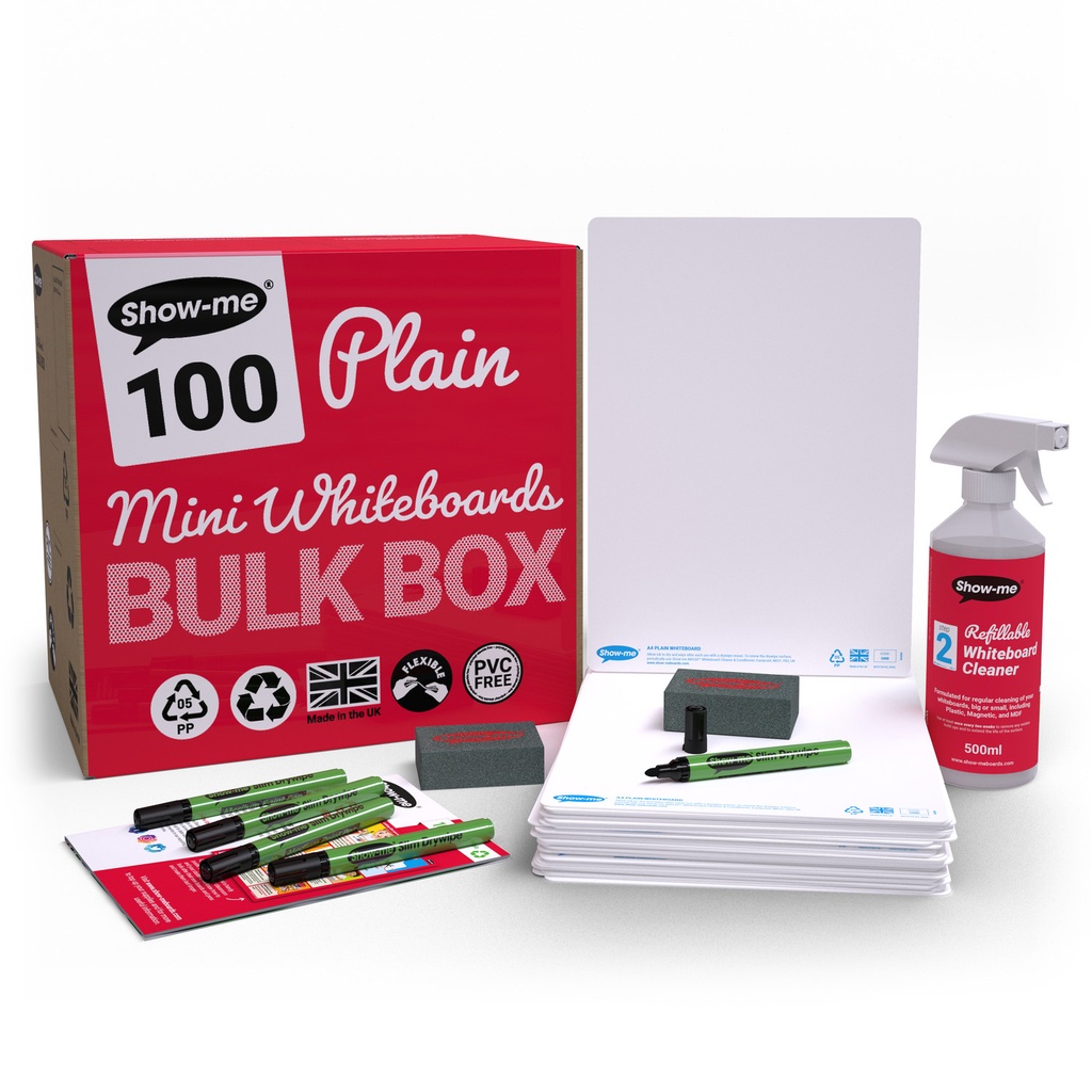 Show-me Bulk Box of 100 x A4 Plain/Plain Dry Erase Boards, pens and erasers plus a Free Cleaner 