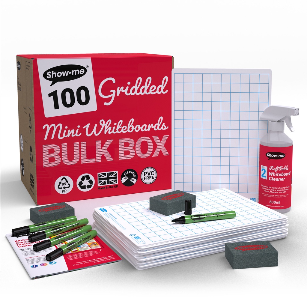 Show-me Bulk Box of 100 x A4 Gridded/Plain Dry Erase Boards, pens and erasers plus a Free Cleaner 