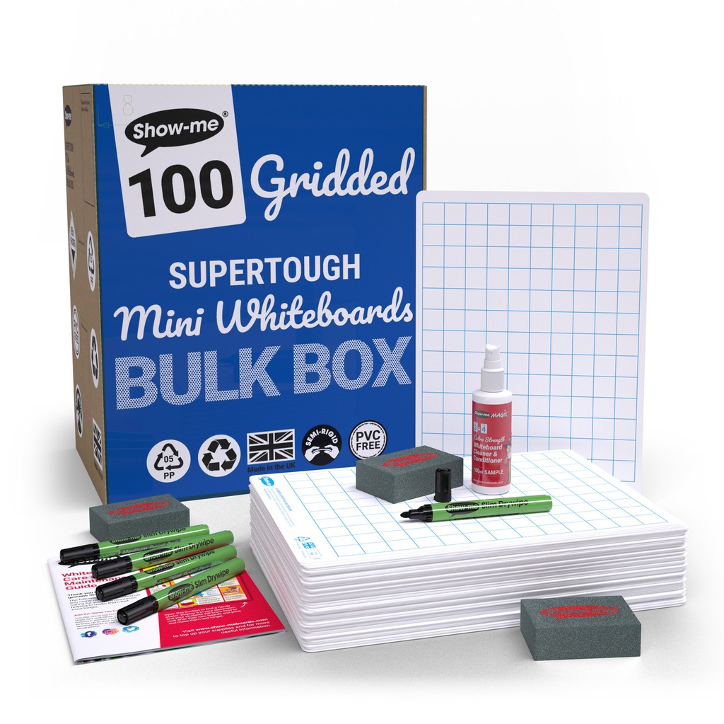 Show-me Bulk Box of 100 x A4 Gridded/Plain SUPERTOUGH Dry Erase Boards, pens and erasers plus a Free Cleaner 