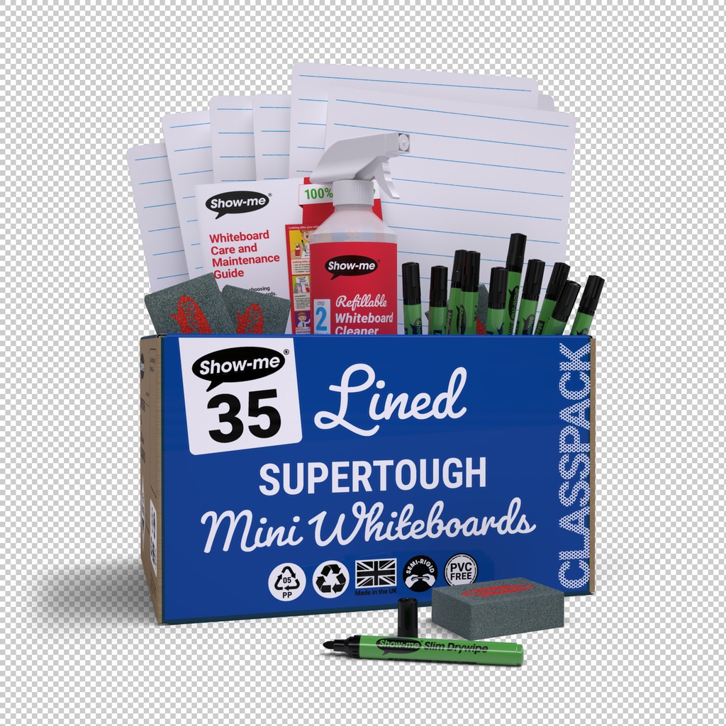 Show-me Bulk Box of 100 x A4 Lined/Plain SUPERTOUGH Dry Erase Boards, pens and erasers plus a Free Cleaner 