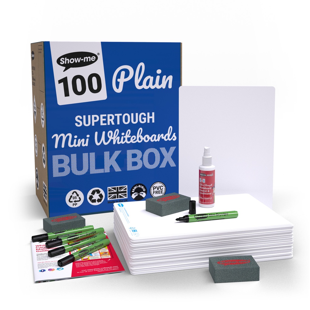 Show-me Bulk Box of 100 x A4 Plain/Plain SUPERTOUGH Dry Erase Boards, pens and erasers plus a Free Cleaner 