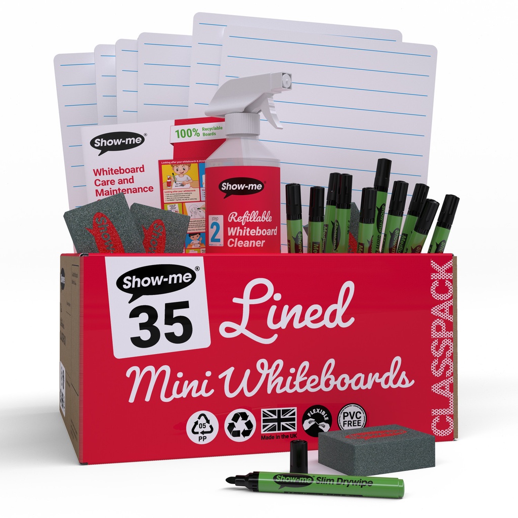 Show-me Classpack of 35 x A4 Lined/Plain Dry Erase Boards, with pens and erasers plus a Free Cleaner 