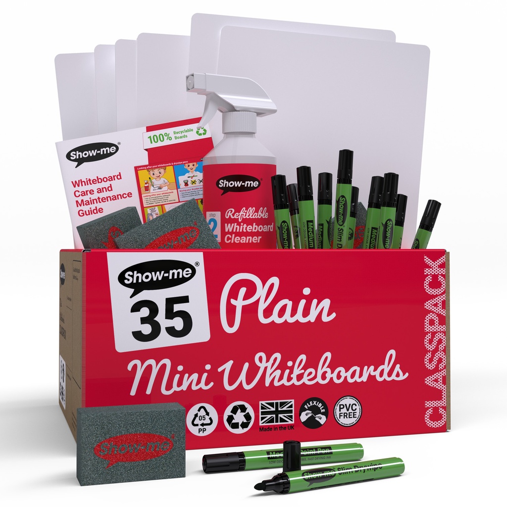 Show-me Classpack of 35 x A4 Plain/Plain Dry Erase Boards, with pens and erasers plus a Free Cleaner 