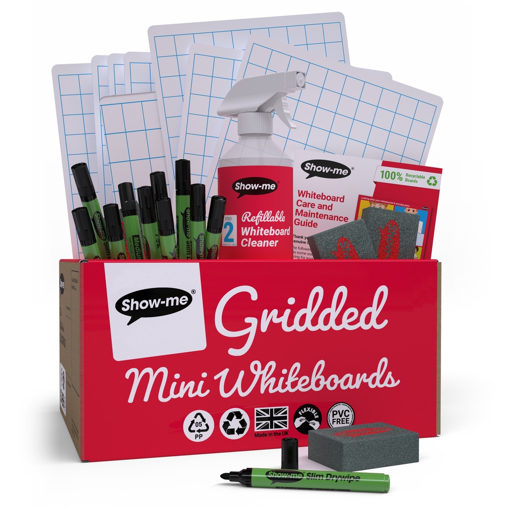 Show-me Classpack of 35 x A4 Gridded/Plain Dry Erase Boards, with pens and erasers plus a Free Cleaner 