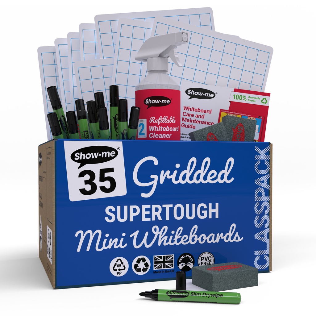 Show-me Classpack of 35 x A4 Gridded/Plain SUPERTOUGH Dry Erase Boards, with pens and erasers plus a Free Cleaner 