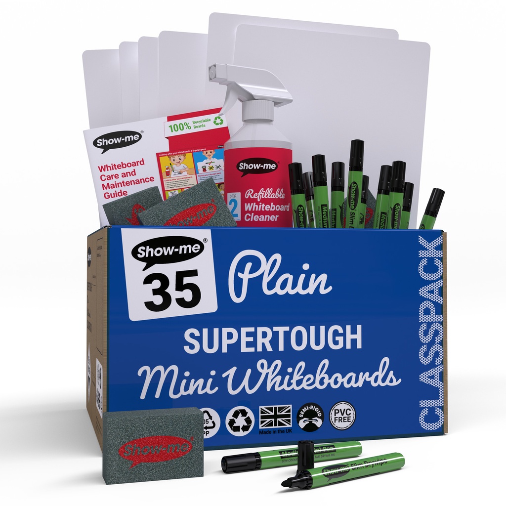 Show-me Classpack of 35 x A4 Plain/Plain SUPERTOUGH Dry Erase Boards, with pens and erasers plus a Free Cleaner 