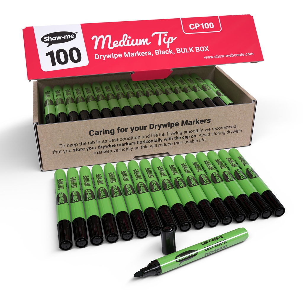 Show-me Classbox of 100 Medium Tip Slim Barrel Dry Erase Markers in Black 