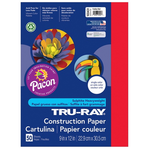 [103431 PAC] 9x12 Festive Red Tru-Ray Construction Paper 50ct Pack