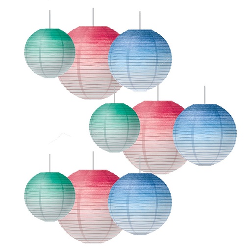 [77106-3 TCR] Watercolor Hanging Paper Lanterns, Assorted Colors & Sizes, 3 Per Pack, 3 Packs