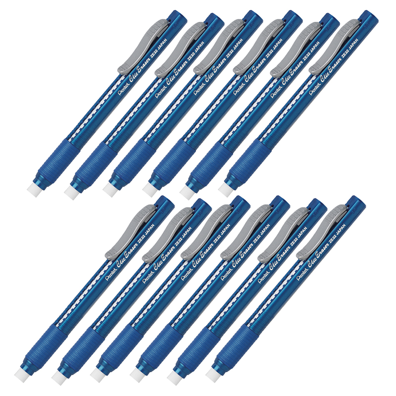 Pentel Clic Eraser Grip, Retractable Eraser, Blue Barrel, Box of 12 (ZE22C)