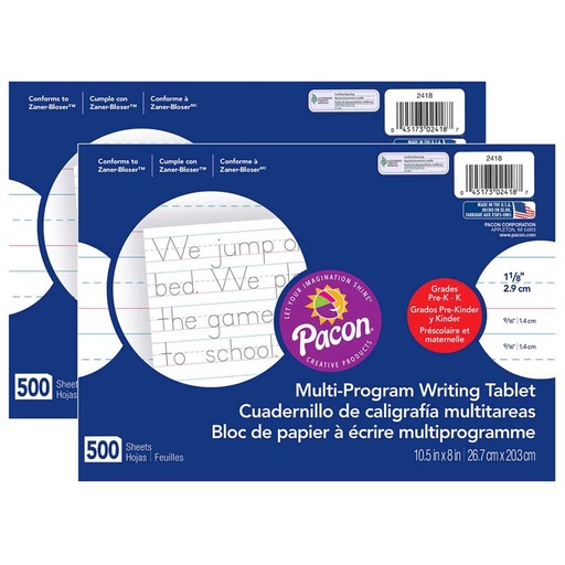 [2418-2 PAC] Multi-Program Handwriting Paper, 1-1/8" Ruled (Long Way), White, 10-1/2" x 8", 500 Sheets Per Pack, 2 Packs