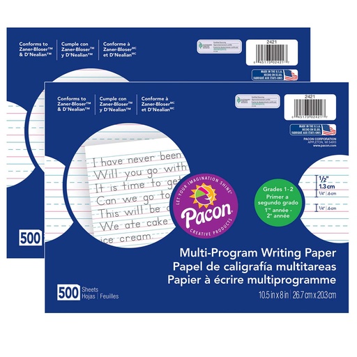 [2421-2 PAC] Multi-Program Handwriting Paper, 1/2" Ruled (Long Way), White, 10-1/2" x 8", 500 Sheets Per Pack, 2 Packs