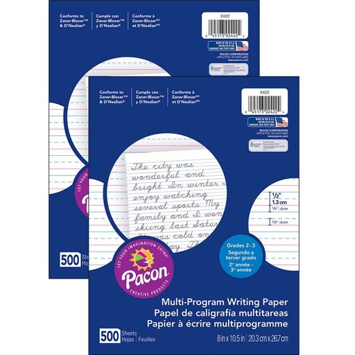 [2422-2 PAC] Multi-Program Handwriting Paper, 1/2" Ruled (Short Way), White, 10-1/2" x 8", 500 SheetsPer Pack, 2 Packs