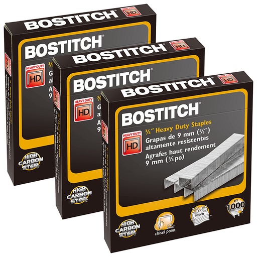 [SB35381M-3 BOS] Premium Heavy Duty Staples, 3/8", 1000 Per Pack, 3 Packs