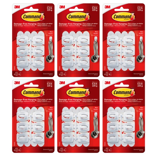 [17006ES3-6 MMM] Command™ Mini Hooks, White, 6 Per Pack, 6 Packs