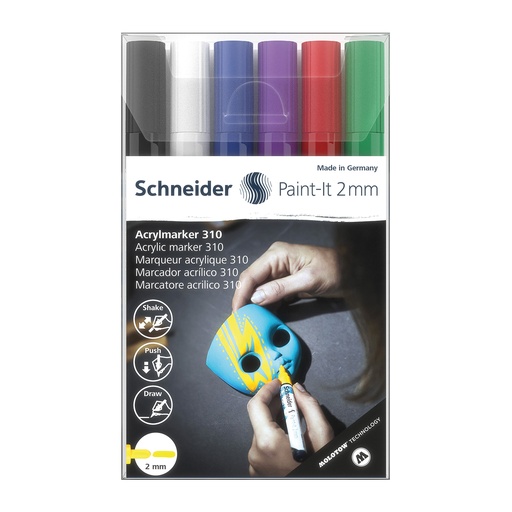 [120195 PSY] Paint-It 310 Acrylic Markers, 2 mm Bullet Tip, Wallet, 6 Assorted Ink Colors