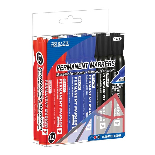 [1273 BAZ] Assorted Chisel Tip Permanent Markers Box of 12