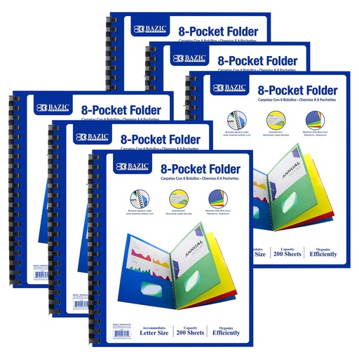 [3161-6 BAZ] Assorted Colors 8-Pocket Folder Pack of 6