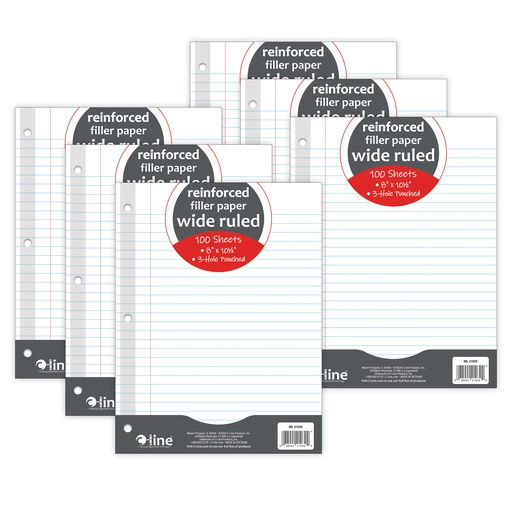 [21032-6 CL] Reinforced 10.5" x 8" Wide Rule3-Hole Punched Filler Paper 100 Sheets 6 Packs