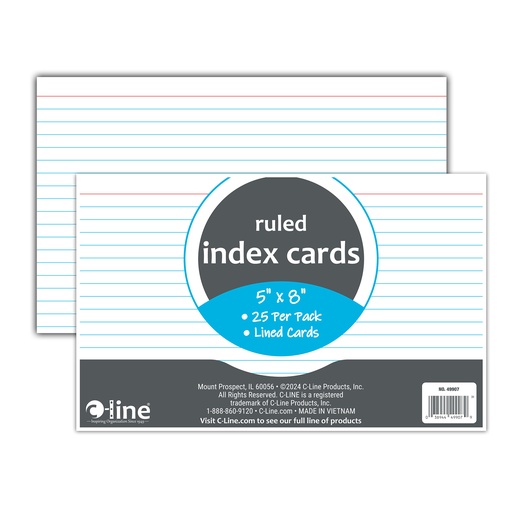 [49907 CL] White 5" x 8" Ruled Index Cards Pack of 25