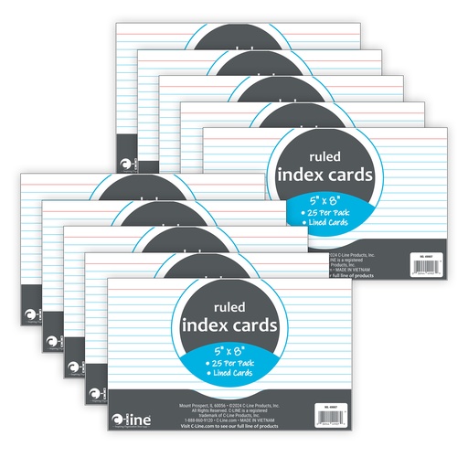 [49907-10 CL] White 5" x 8" Ruled Index Cards 10 Packs of 25