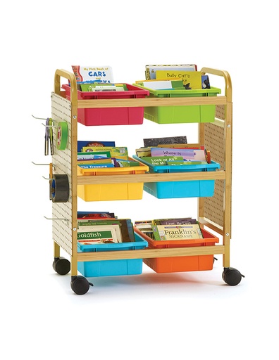 [BB007-6-VM-PB CPN] Bamboo Small Book Browser Cart with Vibrant Mixed Tubs & Pegboard Kit