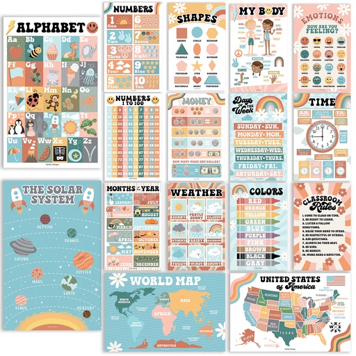 [1020 HDD] Retro Boho Preschool Educational Laminated Posters For Toddlers, Set of 16