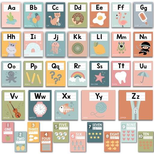 [1027 HDD] Boho Muted Number Line and Alphabet Letters For Classroom Wall, Set of 12