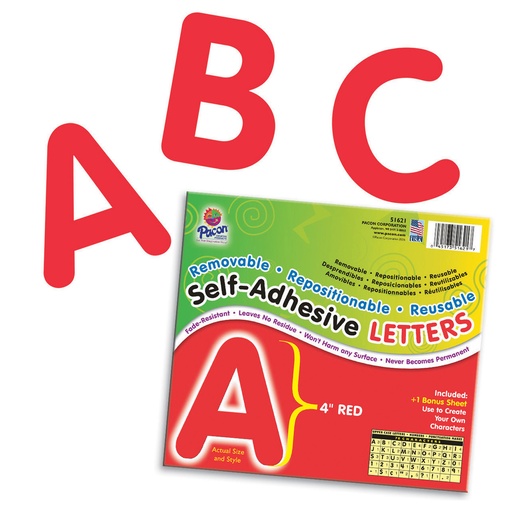 [51621 PAC] Self-Adhesive Letters, Red, Puffy Font, 4", 78 Characters