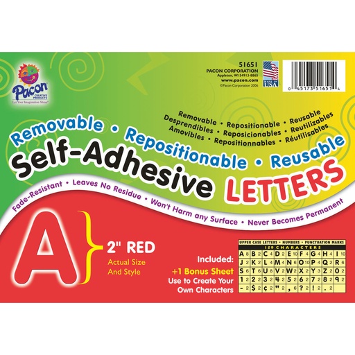 [51651 PAC] Self-Adhesive Letters, Red, Puffy Font, 2", 159 Characters