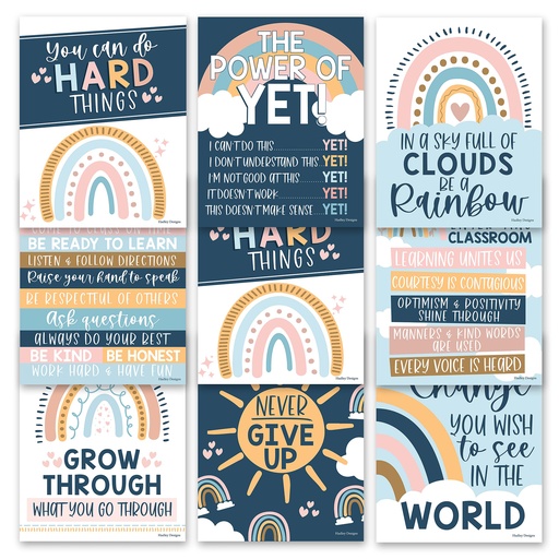 [1009 HDD] Boho Rainbow Growth Mindset Classroom Decor Posters, Set of 9