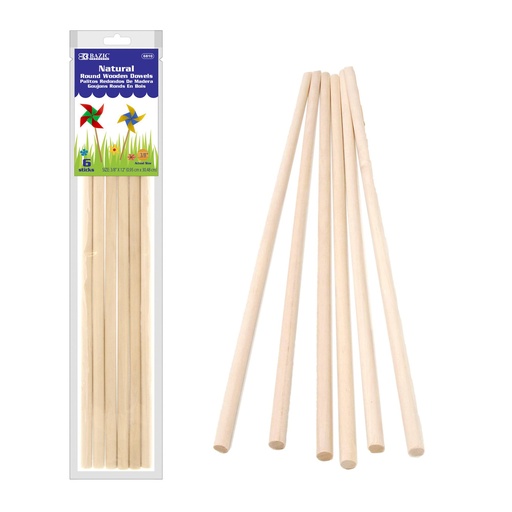 [6810 BAZ] 3/8" x 12" Round Natural Wooden Dowels Pack of 6