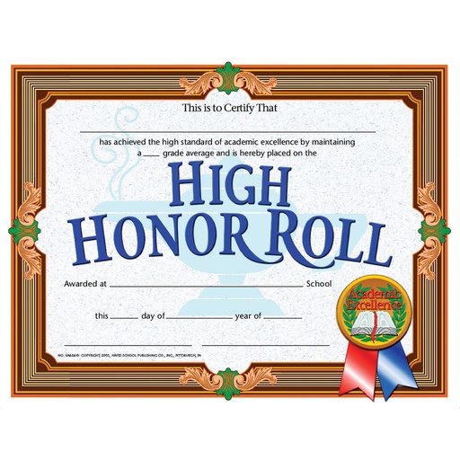 [VA686 H] High Honor Roll Certificates Pack of 30