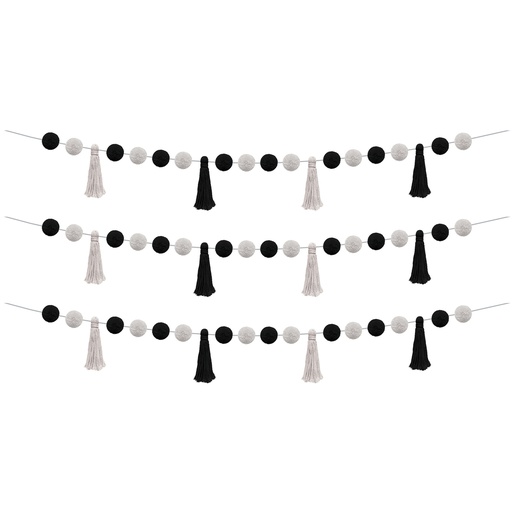 [8902-3 TCR] Black and White Pom-Poms and Tassels Garland Pack of 3