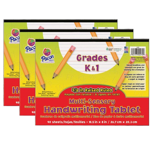 [2470-3 PAC] 10-1/2" x 8" Multi-Sensory Raised 5/8" x 5/16" x 5/16" Ruled Long Tablets Pack of 3