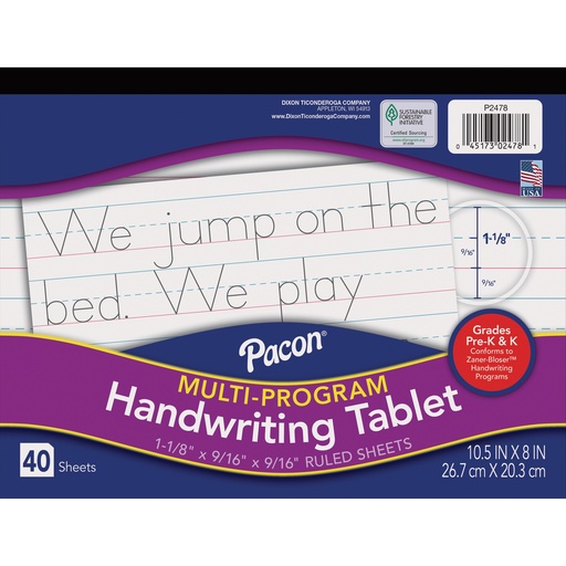 [2478 PAC] 10 1/2" x 8" Zaner-Bloser Multi-Program 1 1/8" x 9/16" x 9/16" Ruled Long Handwriting Tablet