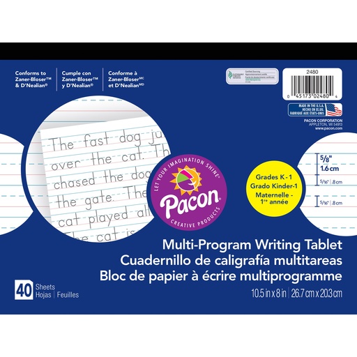 [2480 PAC] 10 1/2" x 8" D'Nealian/Zaner-Bloser Multi-Program 5/8" x 5/16" x 5/16" Ruled Long Handwriting Tablet