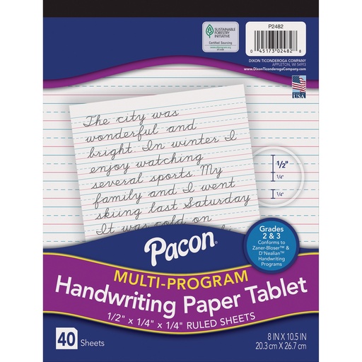 [2482 PAC] 8" x 10 1/2" D'Nealian/Zaner-Bloser Multi-Program 1/2" x 1/4" x 1/4" Ruled Short Handwriting Tablet