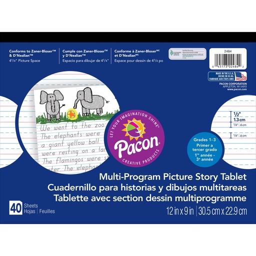 [2484 PAC] 12" x 9" D'Nealian/Zaner-Bloser Multi-Program 1/2" x 1/4" x 1/4" Ruled & 4-1/4" Picture Story Space Handwriting Tablet