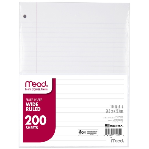 [15200 MEA] Wide Ruled 10 1/2" x 8" Filler Paper 200 Sheets