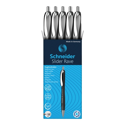 [132549 PSY] White-Black Barrel/Blue Ink Schneider Slider Rave XB Retractable Ballpoint Pens Box of 5