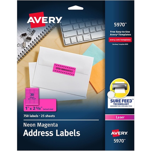 [5970 AVE] Neon Magenta 1" x 2 5/8" High-Visibility Labels Permanent Adhesive 750 Labels