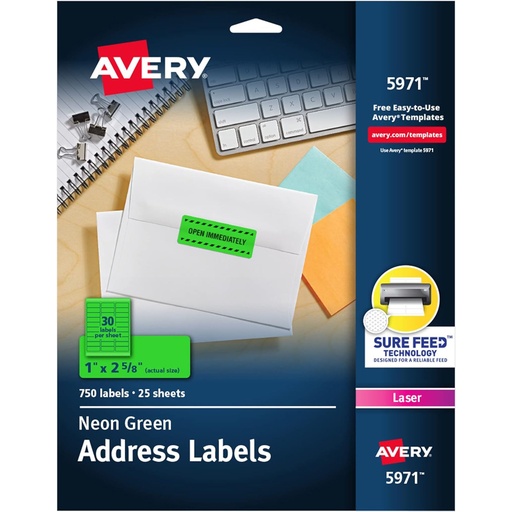 [5971 AVE] Neon Green 1" x 2 5/8" High-Visibility Labels Permanent Adhesive 750 Labels