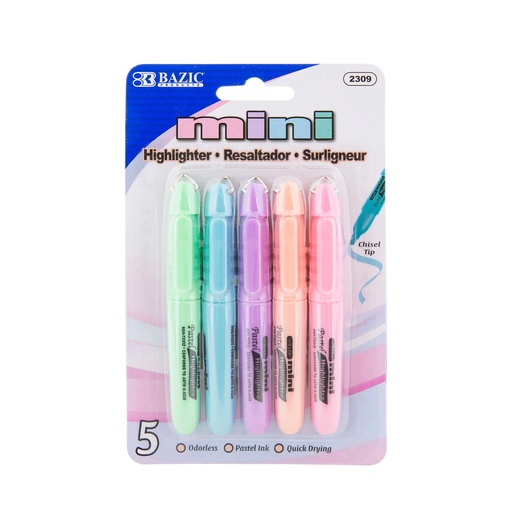 [2309 BAZ] Pastel Mini Highlighter with Cap Clip Pack of 5