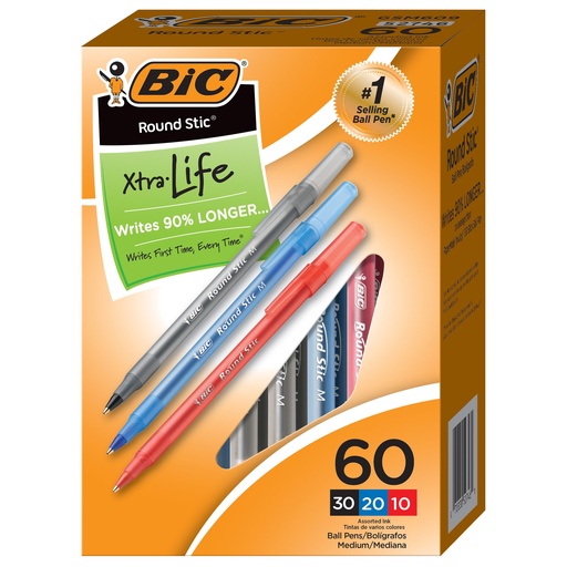 [GSM609AST BIC] Medium Point Assorted Round Stic® Xtra Life Ballpoint Pen Box of 60